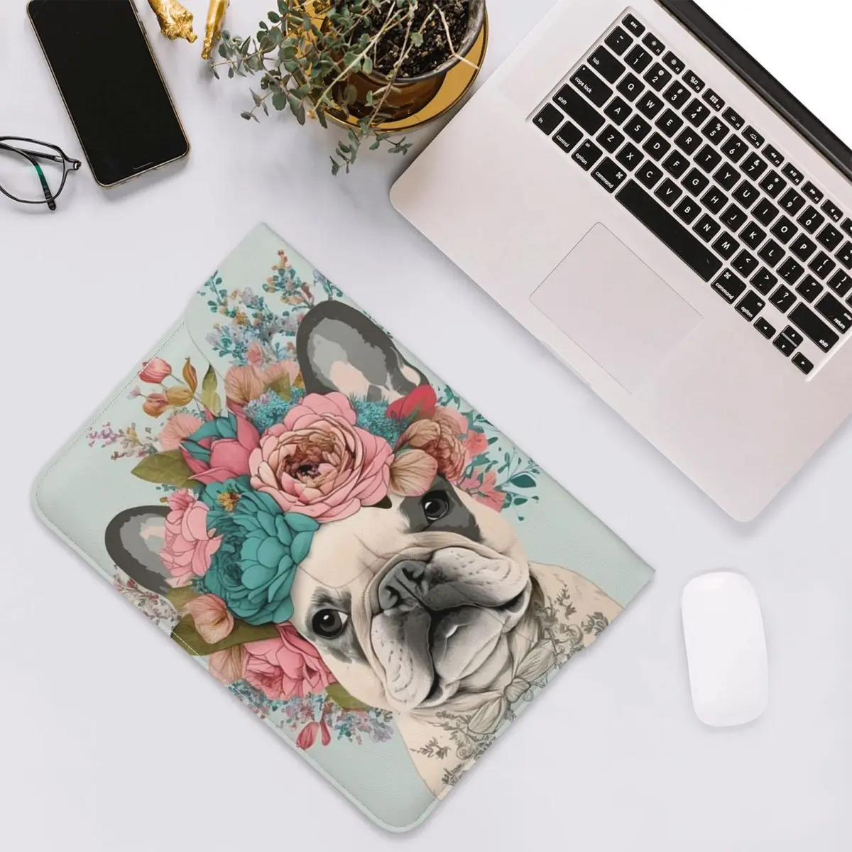 Cherry Blossom And French Bulldog Print PU Leather Horizontal Laptop Sleeve Shockproof Soft Lining Notebook Case 13 Inch