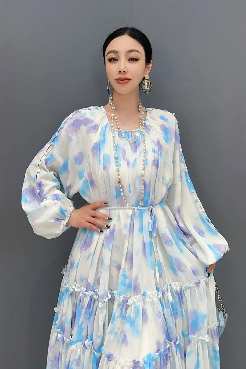 Vefadisa 2024 Spring Summer New Chiffon Printed Long Dress Loose and Elegant French Tea Break Skirt WXY204