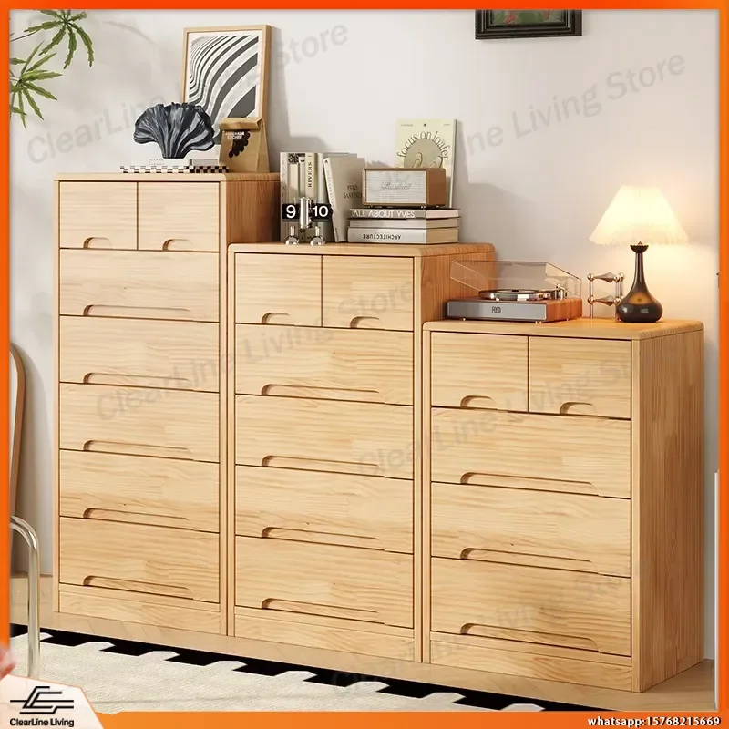 

Pine Wood Storage Chest for Bedroom Living Room Bedside Wall Mounted Log Style Organizer Cabinet with Drawers for Home Office