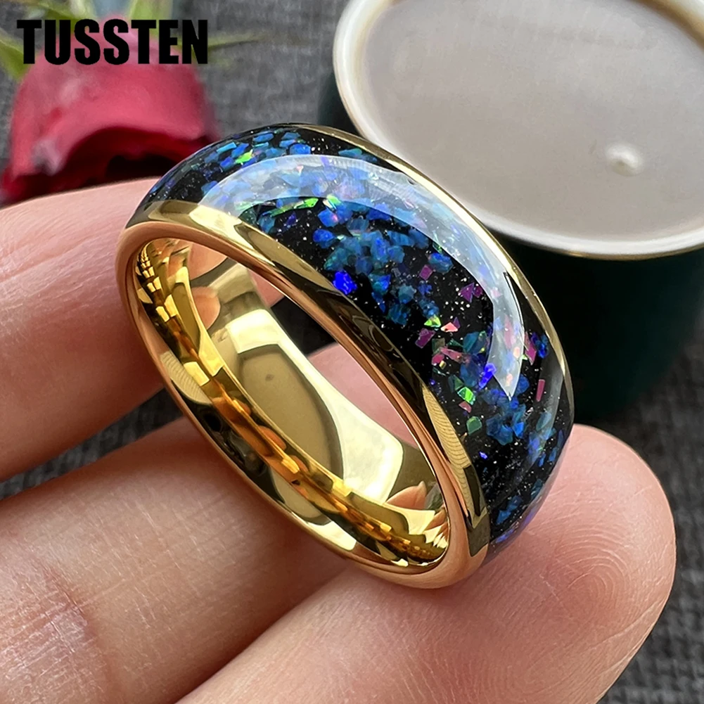 Dropshipping TUSSTEN 8MM tak piękny Galaxy Opal pierścień wolframu zaręczynowy obrączka dla mężczyzn kobiety Comfort Fit