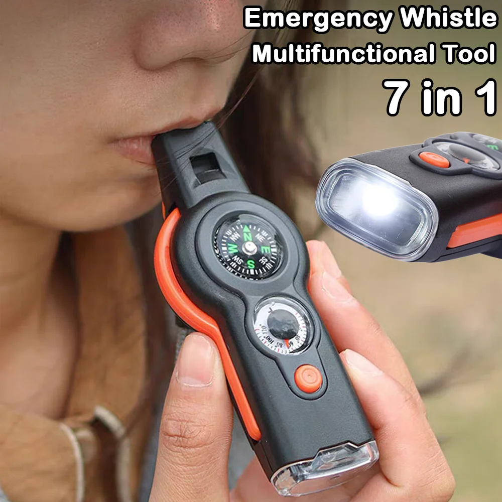 7 in 1 Survival Emergency Whistle High-decibel Survival Whistle Outdoor Hiking Multi Tool Compass Thermometer Reflector