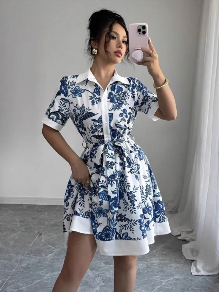 

Single Breasted Short Dress New Summer Simple Fashionable Waist Cinching Printed Strap Short Sleeved Dress For Women