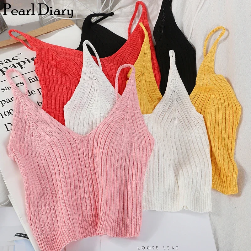 Pearl Diary Women Sexy Knitted Top V Neck Sleeveless Vest Solid Simple Spaghetti Strap Crop Top Plain Casual Tshirt Women Tops