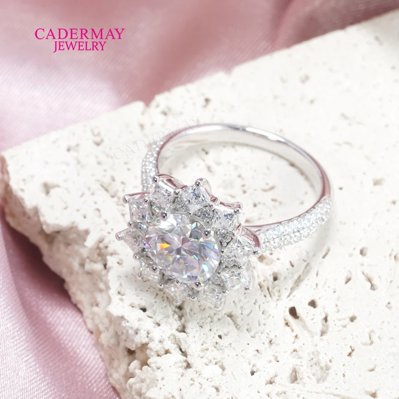 Cadermay Luxury Pass Diamond Tester 925 Silver Flower Shape 8.5mm Main Stone VVS Moissanite Engagement Weeding Halo Ring Women