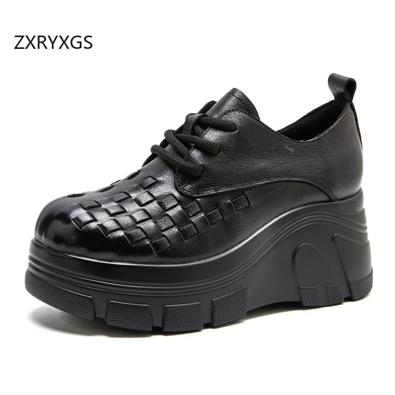 ZXRYXGS 2026 First Layer Cowhide Round Toe Weaving Real Leather Shoes Thick Sole Wedges Shoes Fashion Elegant Women High Heels
