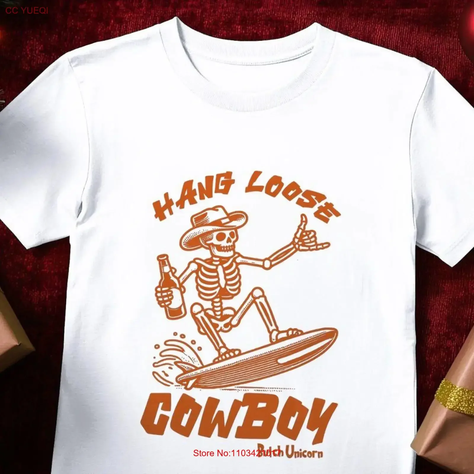 Camiseta Orgánica Hang Loose Cowboy, Diseño Retro Surf Skeleton, Hasta la Talla 5XL, Vintage, Lavada, Unisex, Suave, para Uso Diario, Elástica