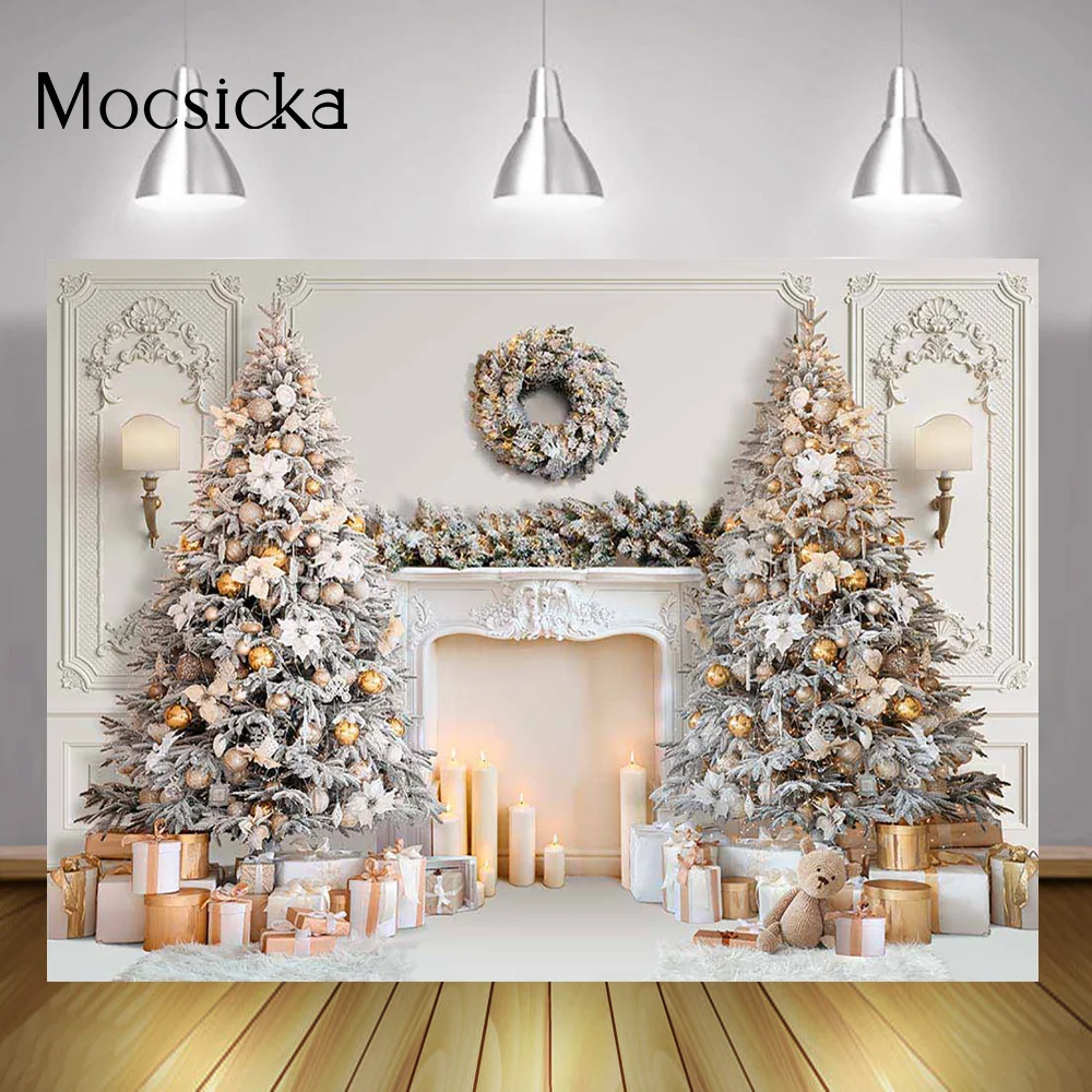 داخلي الأبيض الموقد خلفية فوتودعوة أشجار عيد الميلاد هدايا اللعب شمعة إكليل خلفية الكلاسيكية عيد الميلاد الشتاء خلفية الدعامة