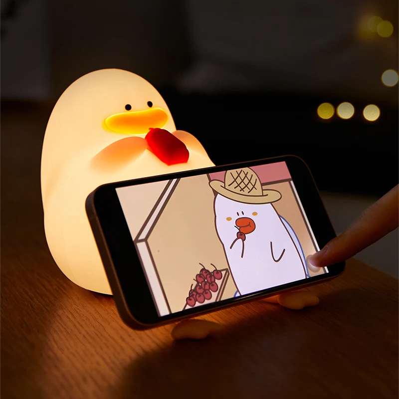 Cute Happy Duck LED Night Light USB Rechargeable Lamp Silicone Squishy Sleeping Bedroom Desktop Decor Children Gift Mood Light