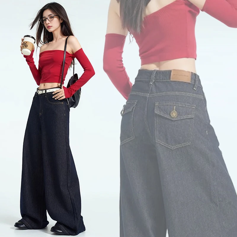 WCFCX STUDIOAutumn Women Jeans High Waist Baggy Casual Vintage Y2K Design Sense Straight Pants Streetwear Wide Leg Denim Trouser