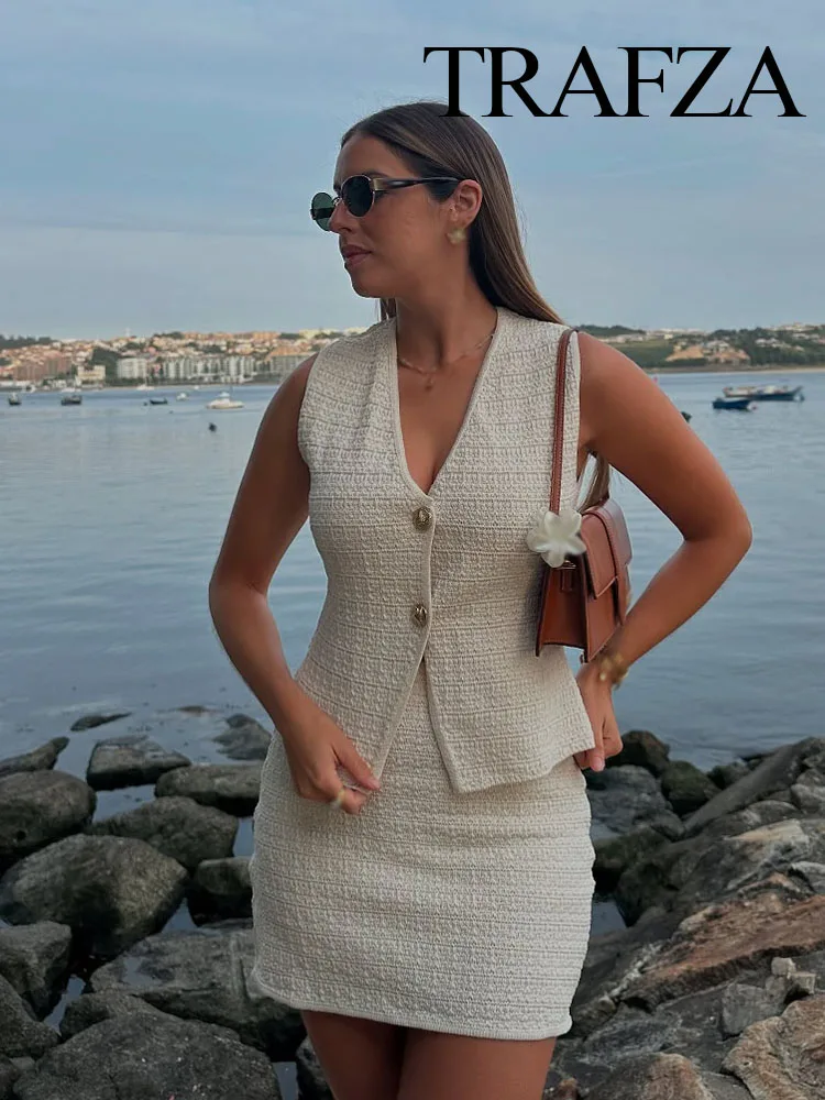 

TRAFZA Women's Fashion Slim Sets Solid Sleeveless Single-Breasted Vest Top+High Waist Mini Skirt Female Casual Skirt Suit
