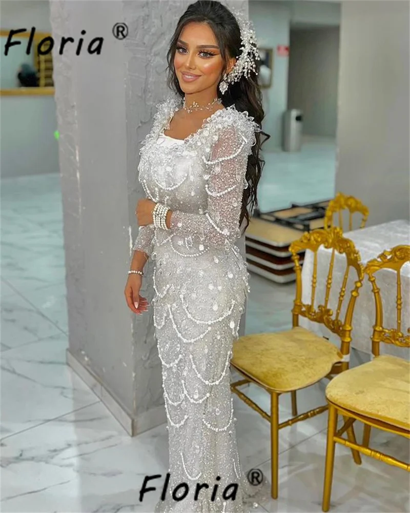 

Gorgeous Ivory Pearls Beaded Evening Party Dress with Tassels Dubai Long Sleeve Wedding Gowns vestidos de noche elegantes 2024