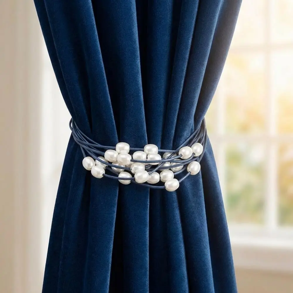 2PCS Light Luxury Pearl Curtain Tieback Polyester Adjustable Imitation Pearl Ties Decorative Curtains Tie Rope Kitchen
