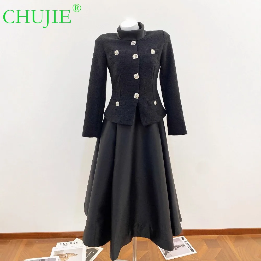 CHUJIE 2026 lente nieuwe elegante satijnen patchwork met diamanten versierde knopen, hoogwaardige lange avondjurk