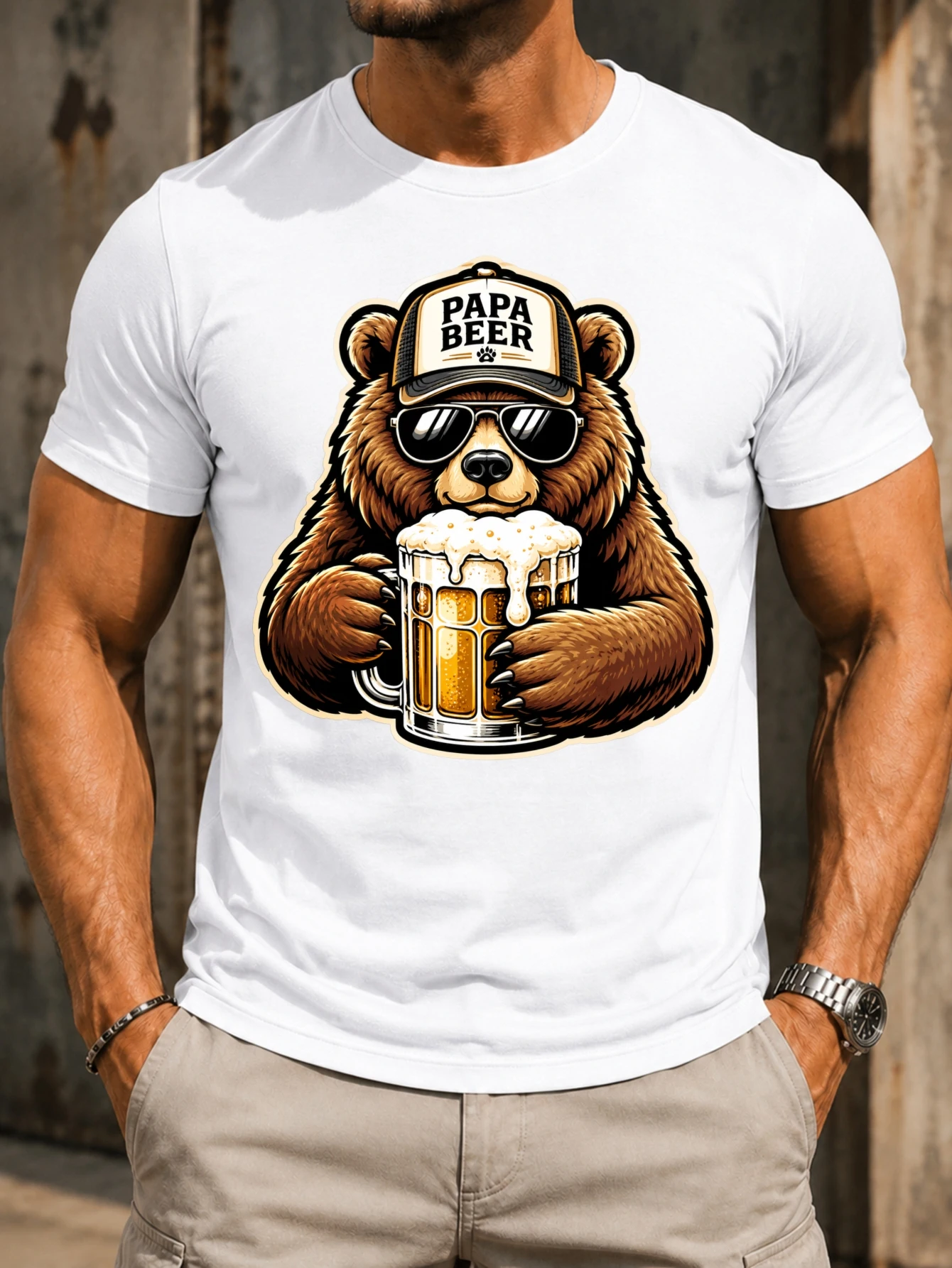 Papa Beer Bear  colorful cartoon grizzly in  with  and foamy for dad humor style Unisex All  Unisex All T-Shirt