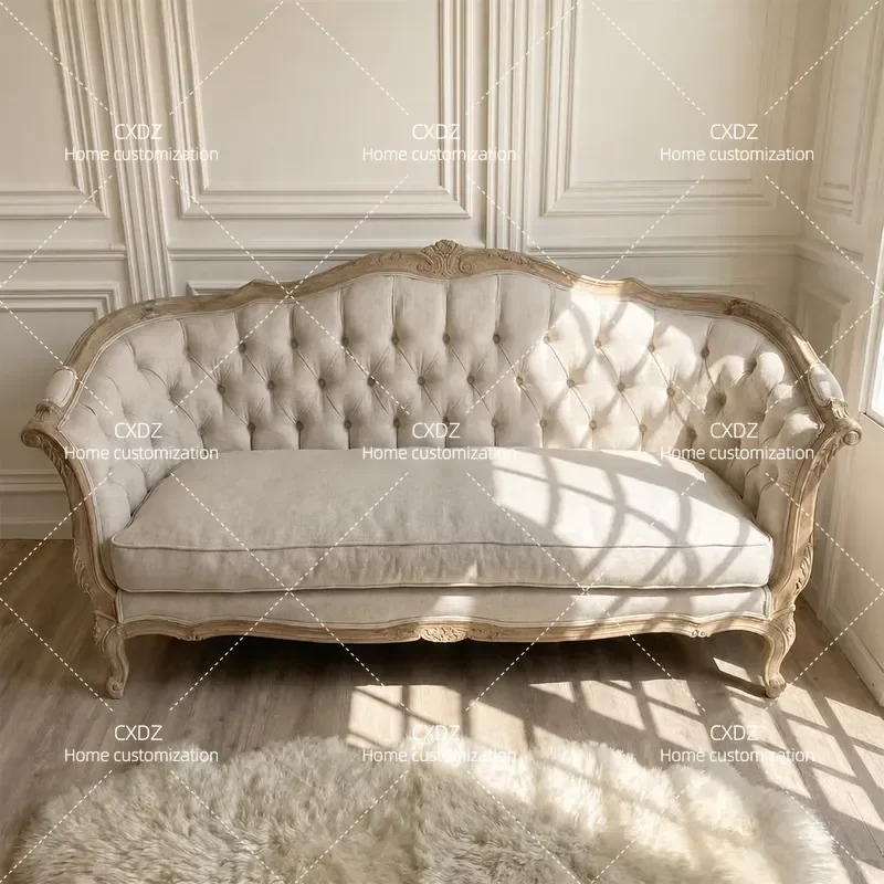 Solid Wood Double Sofa Three Seater Buckle Design Living Room Furniture for Small Apartments and Villas
