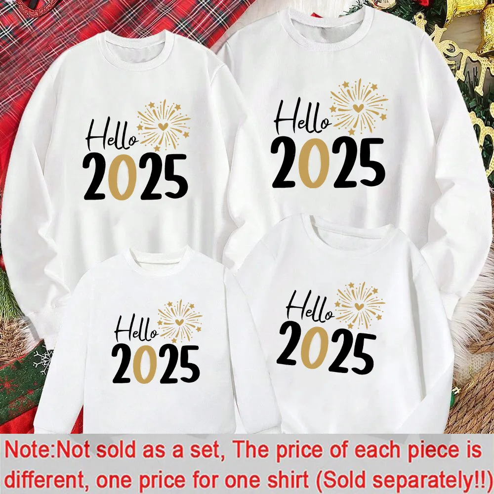 Hello 2025 Family Matching Outfits Fashion Dad Mom and Me 2025 New Year's Sweatshirts Family Matching Hoodie Holiday Gifts
