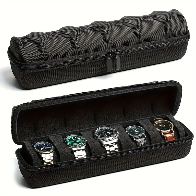[Sleek Watch Case]Black 5-Slot Watch Travel Box,Soft Foam Pillow & Handle,Durable Hard Shell Storage for Men's Women's Watches