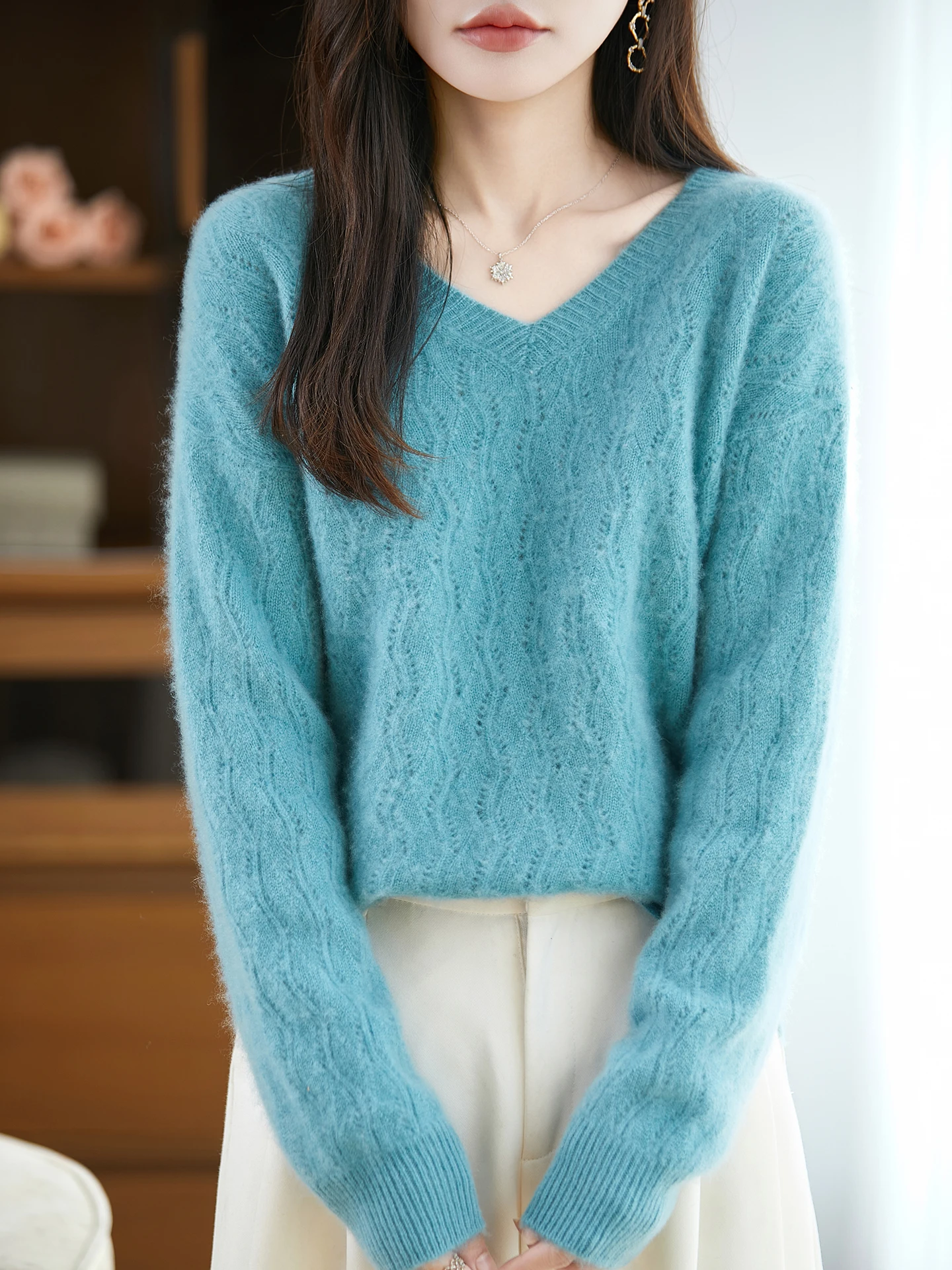 

Новый женский пуловер из 100% мериносовой шерсти с v-образным вырезом, однотонный вязаный свободный удобный осенне-зимний топ, теплая мягкая одежда