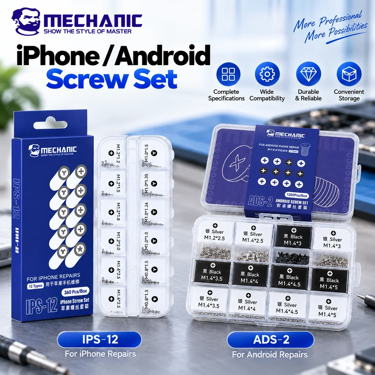 MECHANIC IPS-12 ADS-2 Phone Screw Set 360/1200PCS for iPhone Android Samsung Xiaomi Replacement Screws Mobile Phone Repair Parts