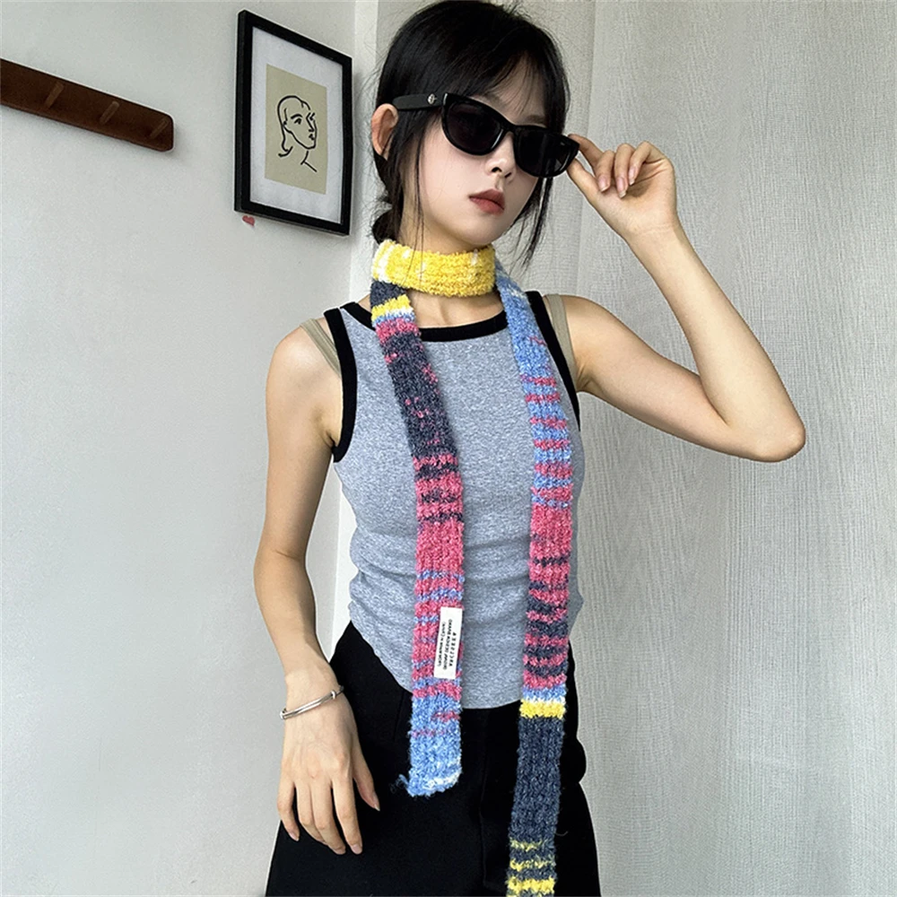 Female Winter Korean Version Knitted Scarves Stripes Spell Color Fine Narrow Long Scarf New Niche Design Women\'s Cashmere Scarf