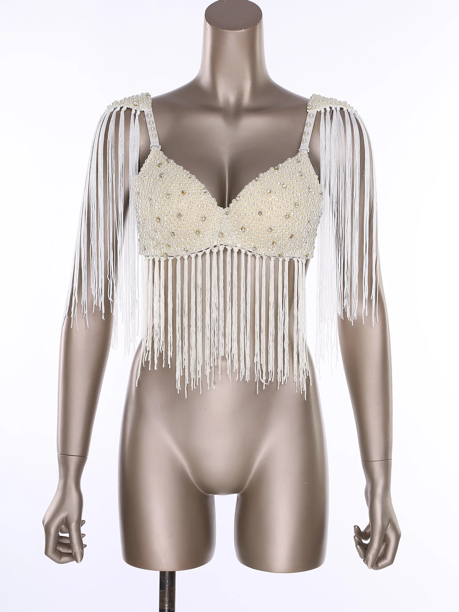 حمالة صدر نسائية للرقص الشرقي هامشية من الخرز البلاستيكي بالكامل حمالة صدر رافعة للصدر مع لوحات كتف لحفلات الرقص الهندي اللاتيني