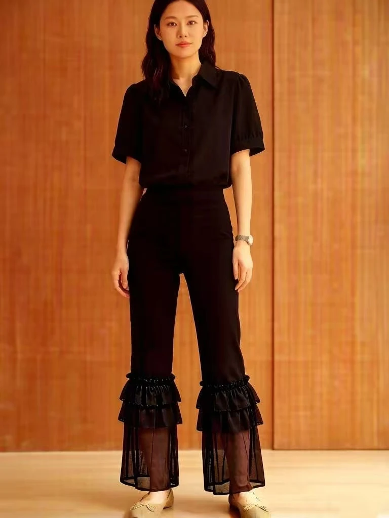 

High Waist Flared Casual Pants Women's Spring Summer Black Ruffle Splicing Slimming Vintage Nine Point Pants Ladies' Polyeste...