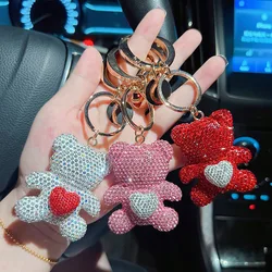Ceramic mud full diamond love teddy bear keychain metal large circular ring cute doll cartoon keychain girl small gift