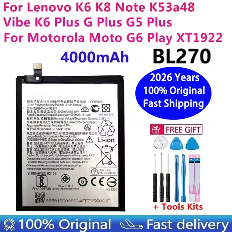 100% Original para Lenovo K6 K8 Note K53a48 Vibe K6 G G5 Plus 4000mAh BL270 batería para Motorola Moto G6 Play XT1922 batería