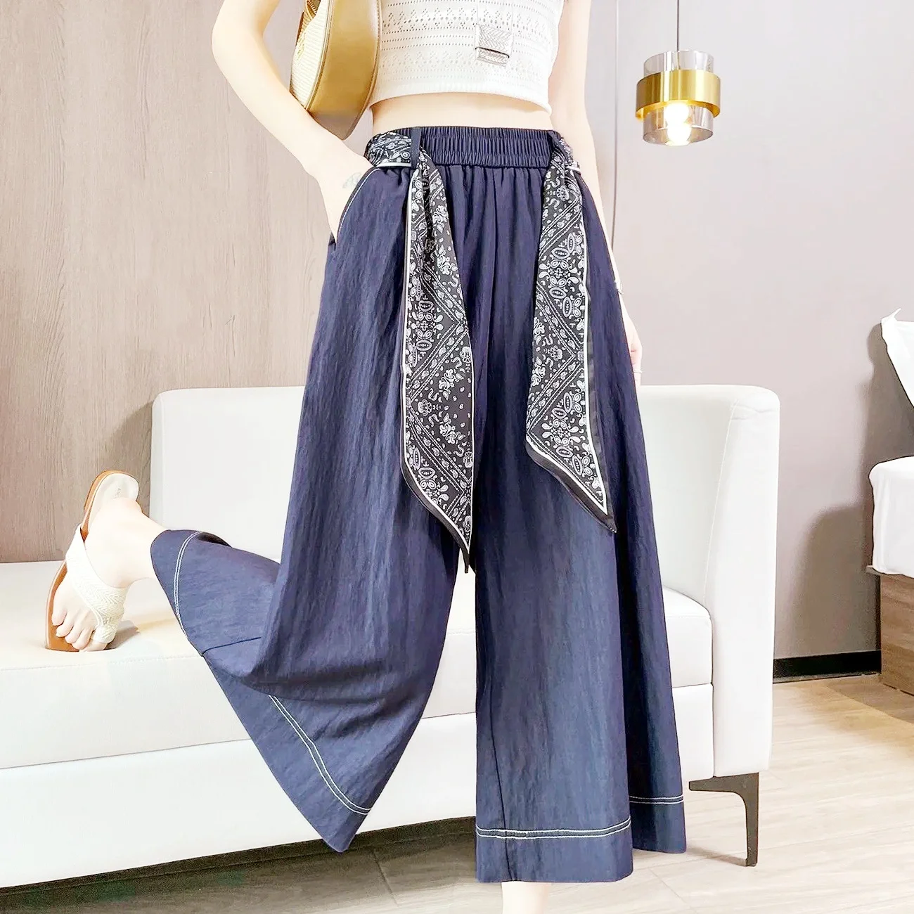 Ice Silk Denim Skirt Pants Women Pocket Summer Slimmer Casual Seven Point Wide Leg Pants Pant