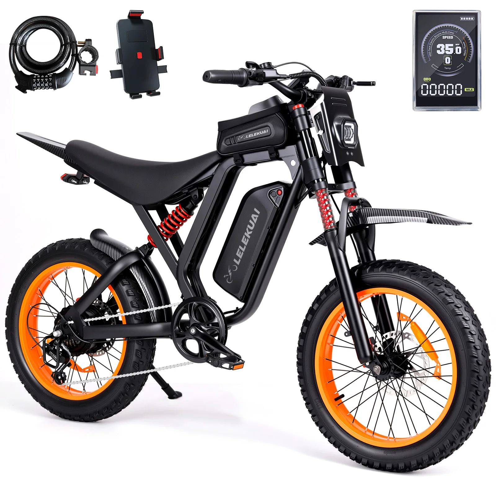 

2000W peak motor, large-wheel adult electric bicycle, 35MPH electric off-road bicycle, 48V18AH lithium battery, range of 55 miles, 400-pound load capacity, 20x4-inch wide tire electric mountain bike, dual disc brakes, LED display, 7-speed adjustment