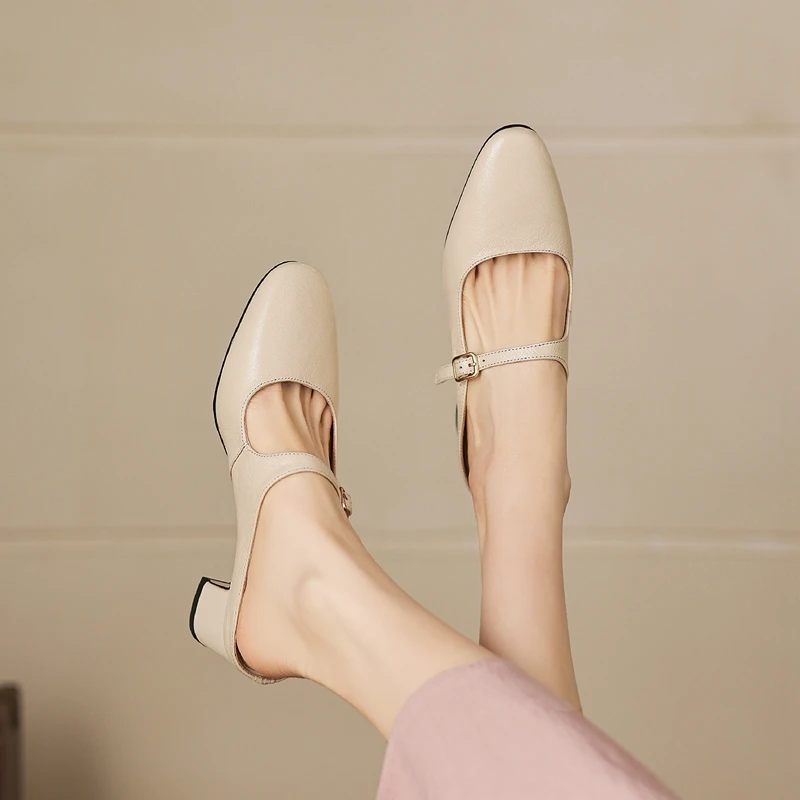 

Women's new leather sheepskin round toe thick heel high-heeled toe metal elastic band Mueller shoes breathable fashion slippers