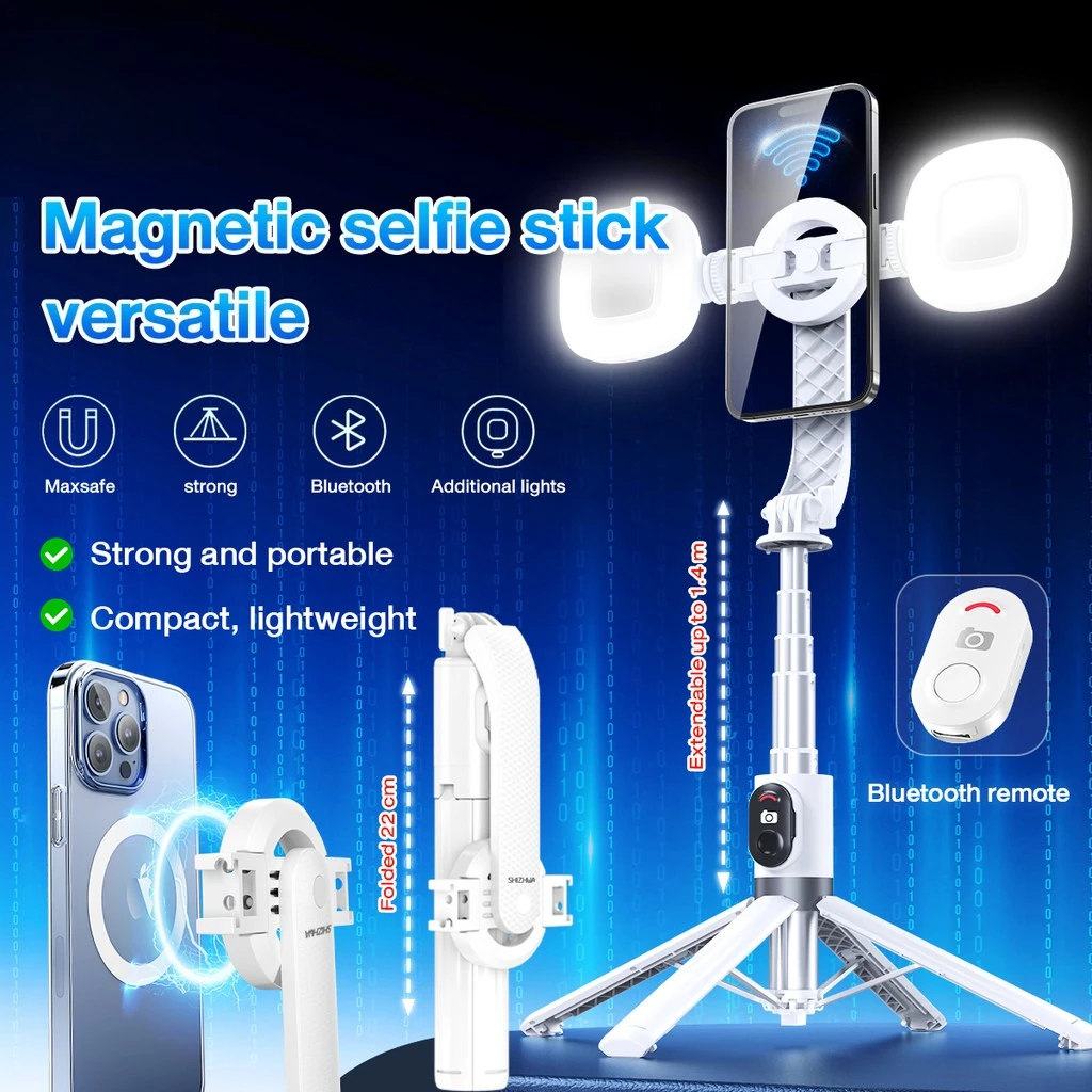 

Magnetic Selfie Stick Tripod with Dual Fill Lights, 1.4m Extendable, Bluetooth Remote for iPhone & Android