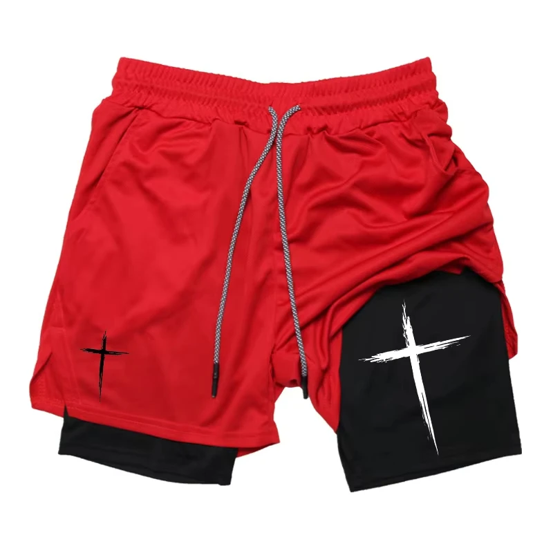 Cross Print 2 in 1 Performance Shorts Gym Workout Running Quick-drying Shorts with Phone Pocket Sports Athletic Activewear Moto