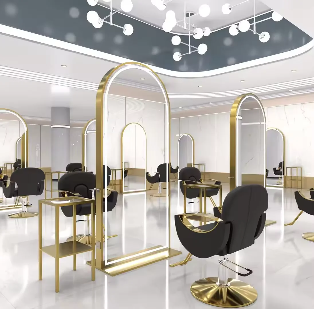 3 Mirrors Set, New Design Double Sided Full Length Gold Salon Furniture Floor LED Beauty Mirror for Hair Makeup