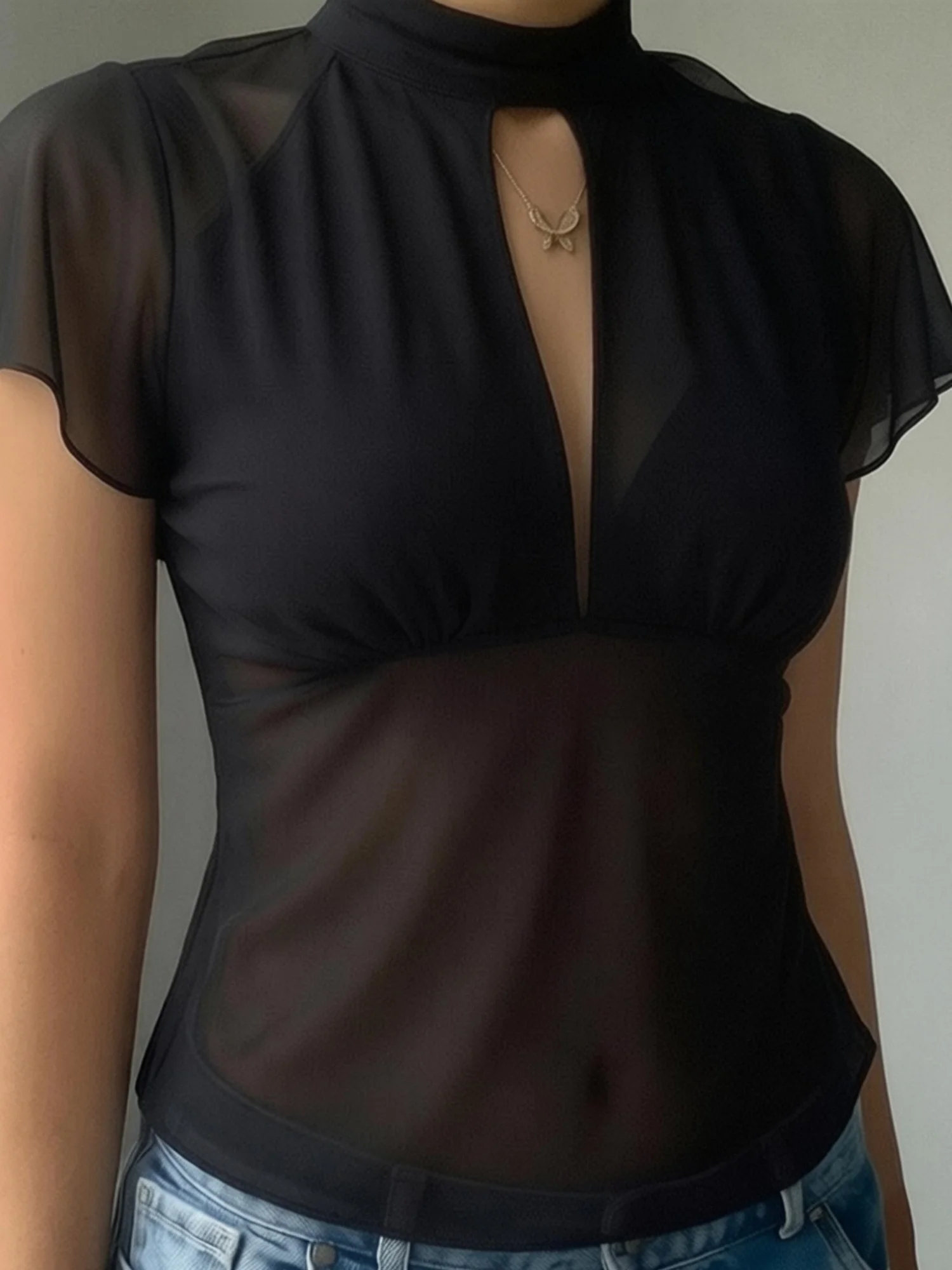 

y2k Shirts Women Coquette Clothes Sheer V Neck Flutter Sleeve Blouse Tops with Scarf 2000s Clothing Streetwear