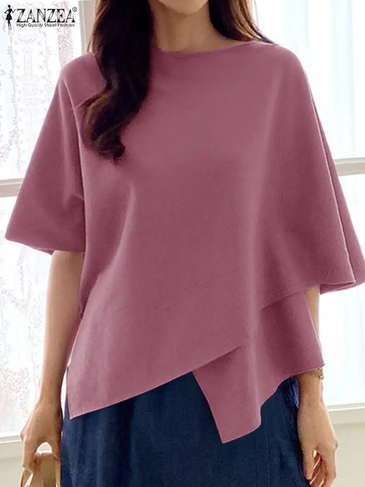 ZANZEA Women Fashion Blouse Chic 3/4 Sleeve Ruffle Hem Top Shirt 2024 Summer Round Neck Loose Blusa Elegant Irregular Work Tunic