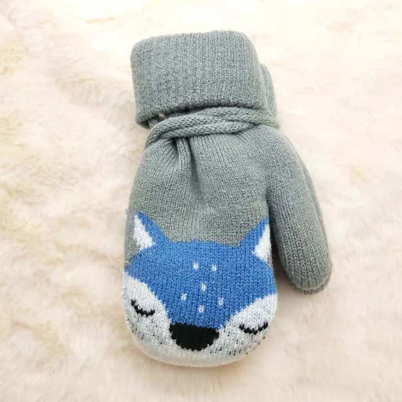 Cute Little Fox Winter Boys And Girls Double Layered Knitted Wool With Plush Thick Outdoor Warm Gloves Cartoon