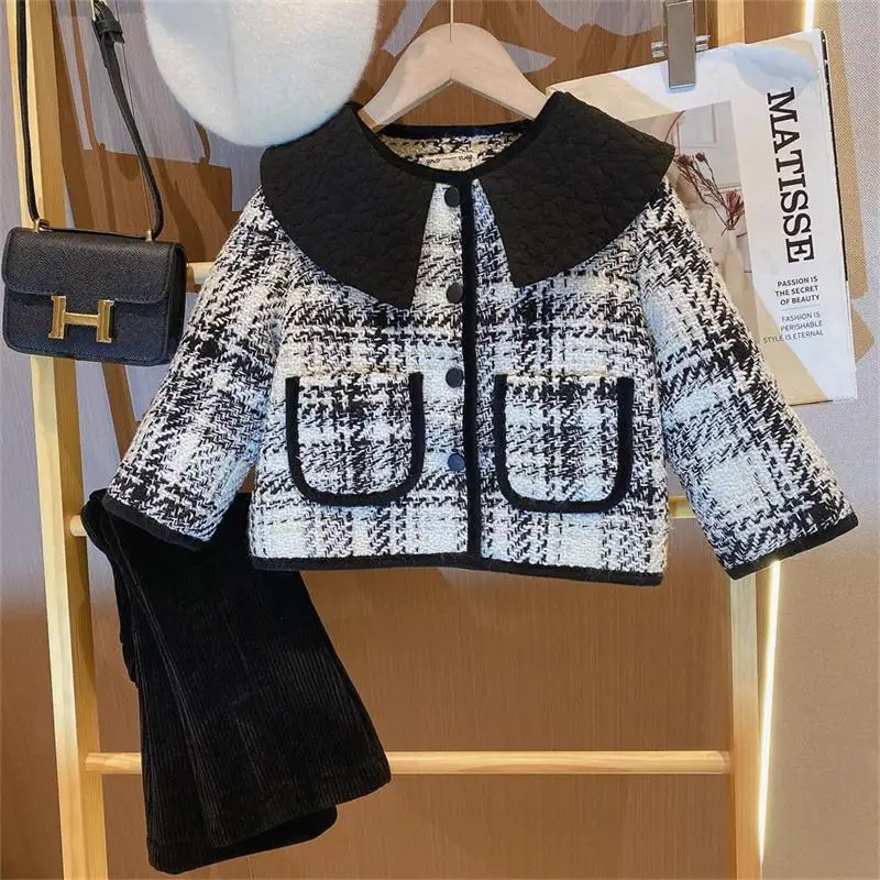 Children's Winter New Style Coat Baby Girl Plaid Warm Collar Top, Small Fragrant Style Fashionable Jacket