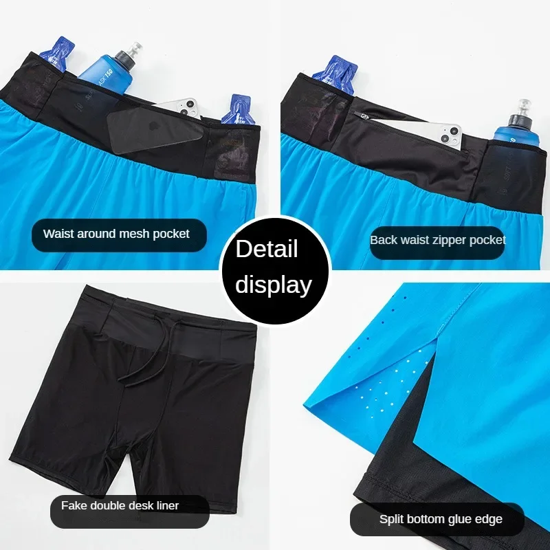 Double-deck Outdoor Marathon Basketball Running Mens Gym Fitness Run Shorts Quick Drying Pocket Traning Jogging Workout Shorts