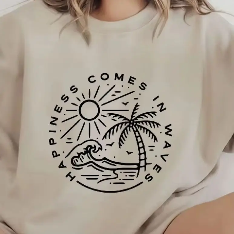 

Aesthetic Sweatshirt Long Sleeves Stylish Pullover Graphic Hoodies Crew Neck Unisex Casual Daily Wear Happiness Comes In Waves