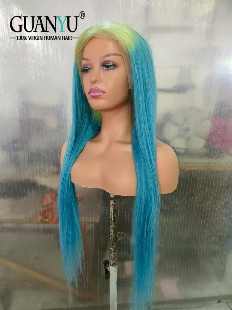 

Ombre Green-Light Blue Human Hair 13x6 HD Lace Front Wig Straight 13x4 Transparent Lace Frontal Wigs For Women