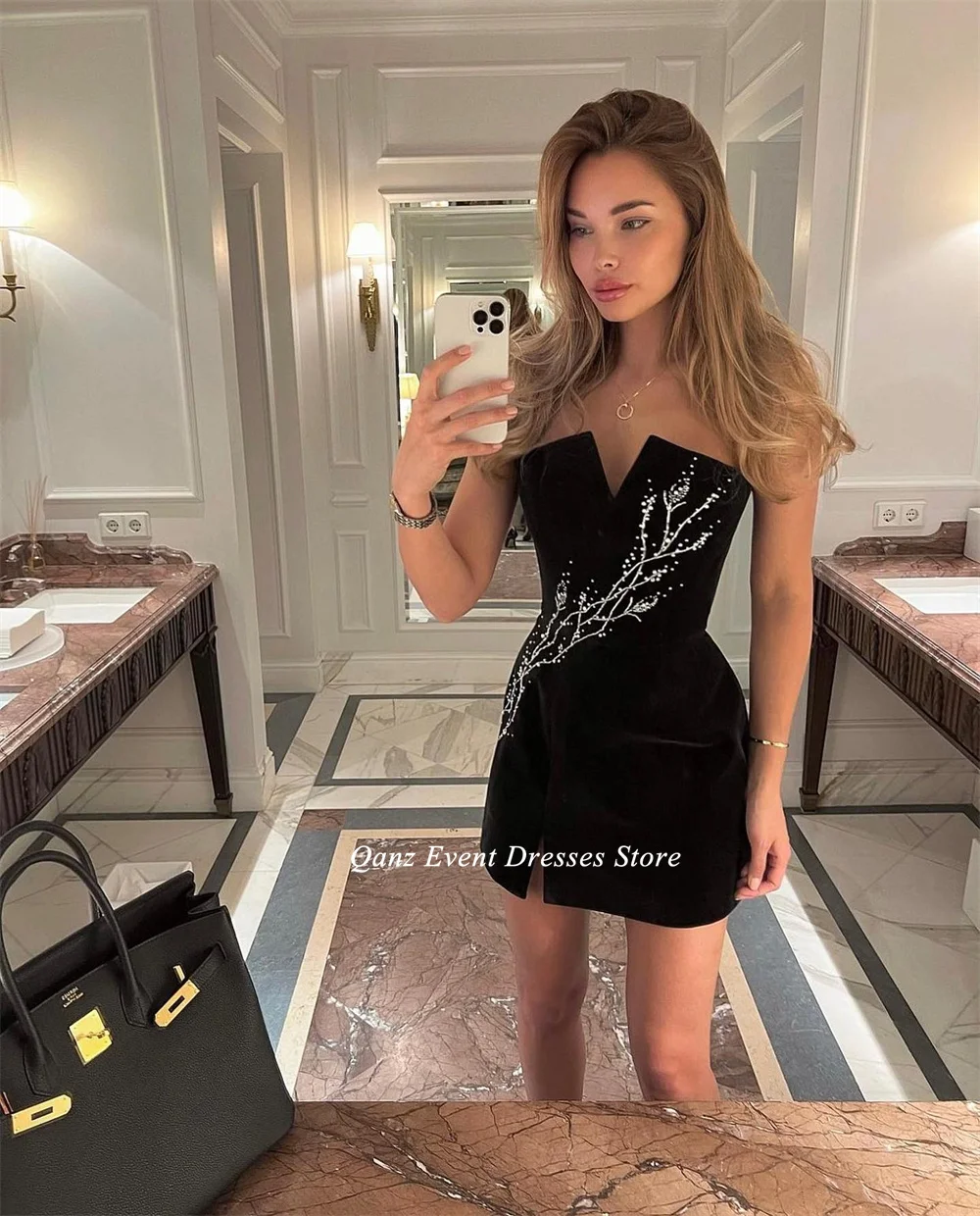Qanz Velvet V-neck Bodice Short Homecoming Dresses Beads Prom Dress Party Gown Vestido Festa Grade Graduation Dress Customized