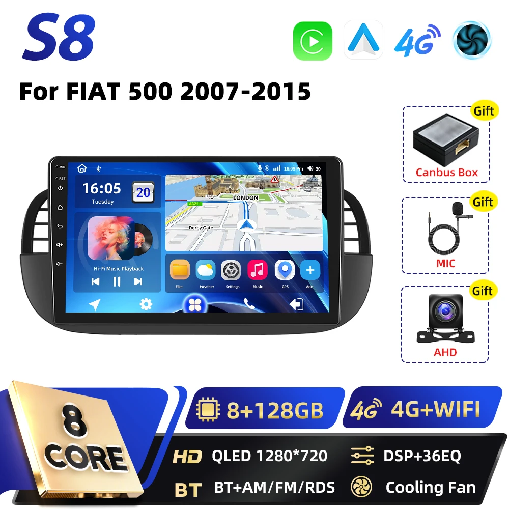 Podofo Qualcomm 8-Core Carplay 2DIN Android Auto Multimedia Speler Voor FIAT 500 2007 2008-2015 GPS Navigatie DSP WIFI FM RDS BT