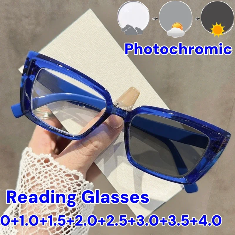 

Square Frame Photochromic Reading Glasses Women's Fashion Color Changing Anti Blue Light Presbyopia Sun Glasses Diopter To +4.0
