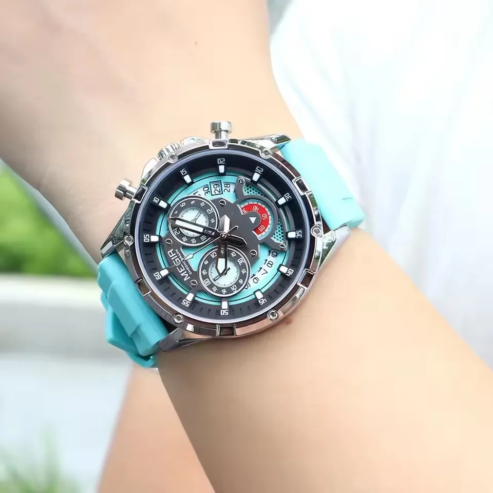 MEGIR 2248 ساعات كوارتز عصرية للرجل مضيئة كرونوغراف التقويم مقاوم للماء سيليكون حزام متعدد الوظائف ساعة رياضية للرجال