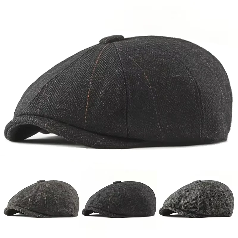 Retro Newsboy Caps für Herren, britische Malerhüte, Frühling-Herbst-Baskenmützen, Fischgrätmuster mit roter Linie, Flat Cap, Hip-Hop-Baskenmützen