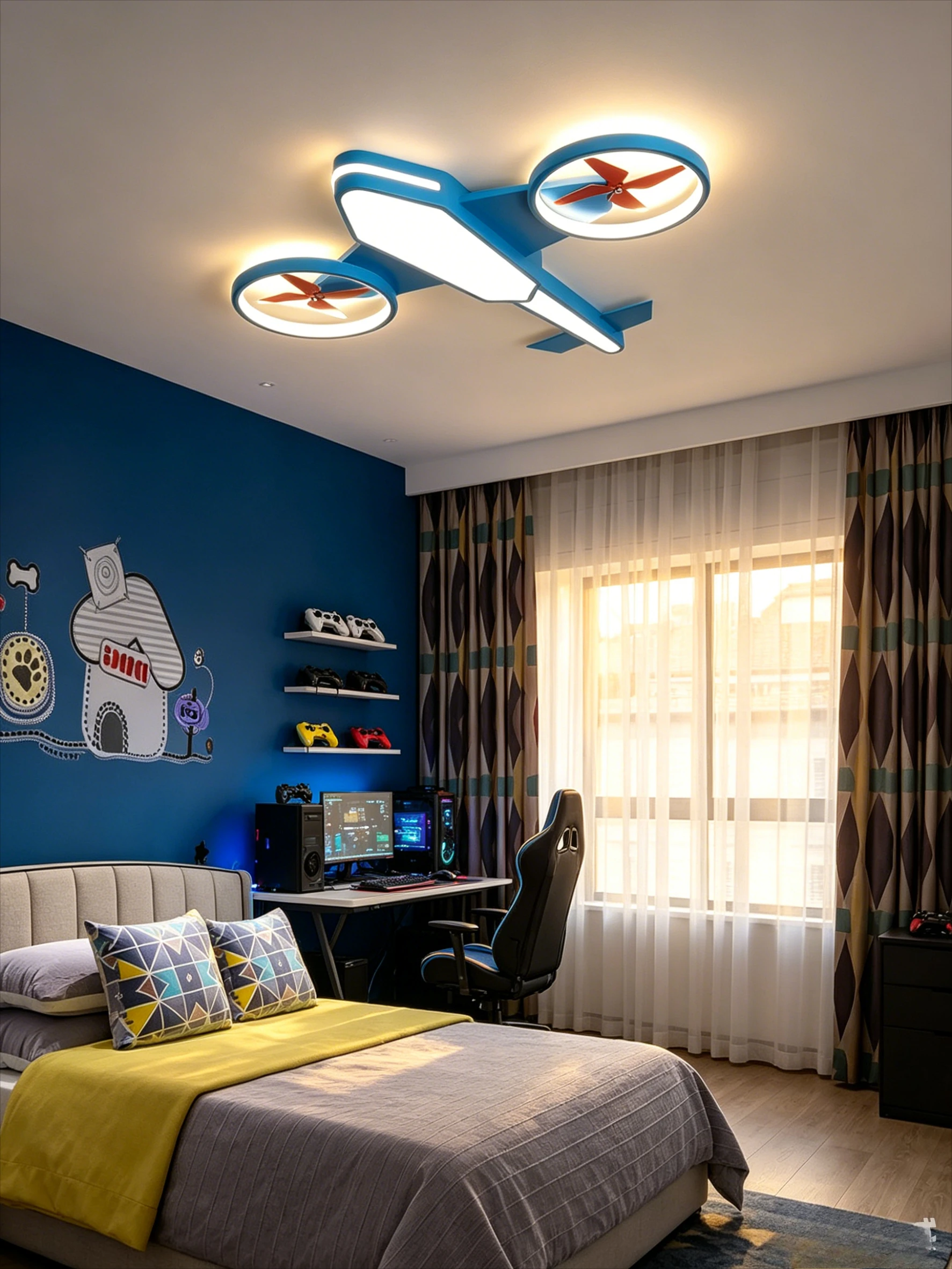 Green Airplane Ceiling Fan Light, LED Aircraft Chandelier for Boys Kids Bedroom Playroom