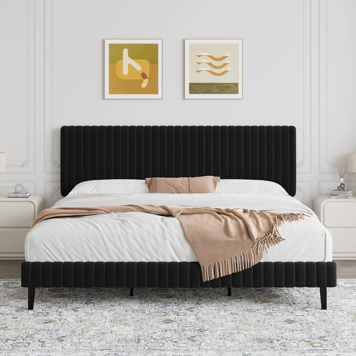 King Upholstered Bed Frame, Adjustable Headboard, Black | Velvet & metal frame, easy assembly, no box spring needed, vertical