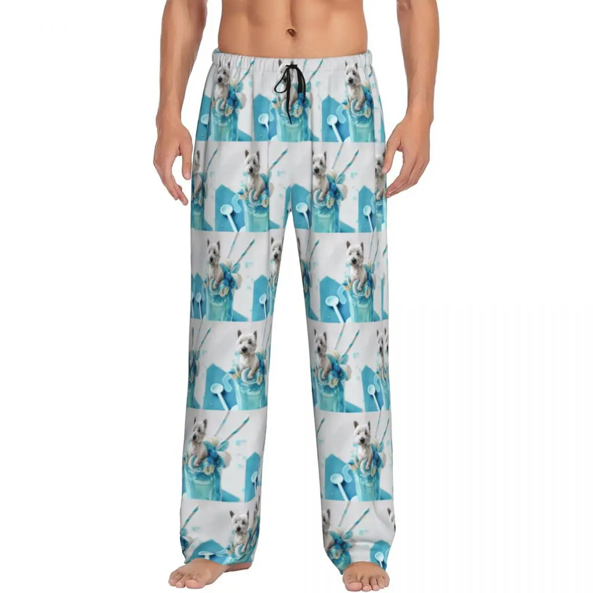 Custom Men's Westie Blue Marshmallow Shake Pajama Pants Print West Highland Terrier Dog Sleep Sleepwear Bottoms with Pockets