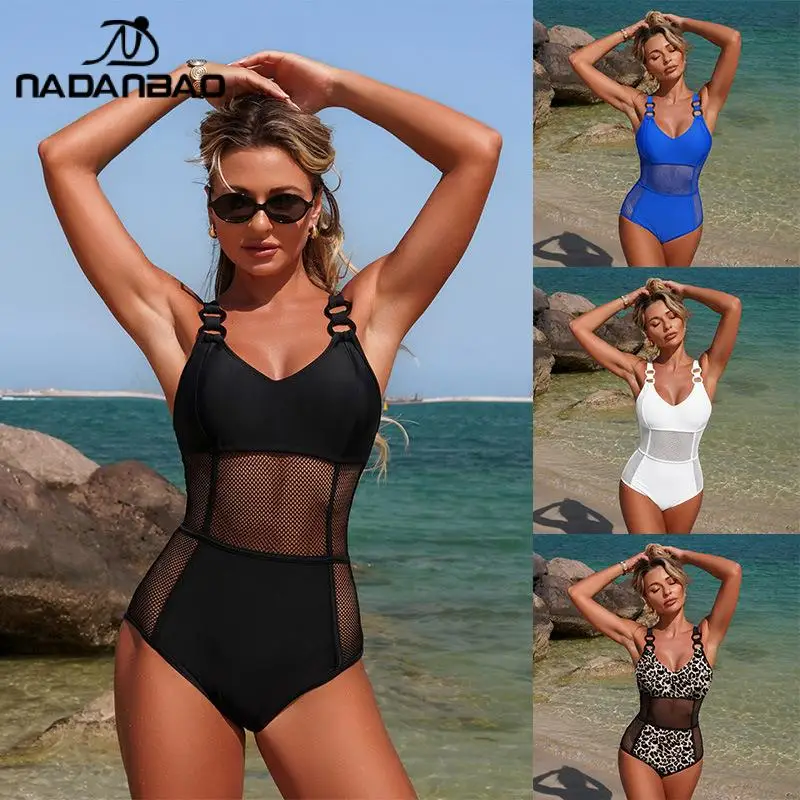 Nadanbao Fashion Leopard Print One-Piece Swimsuit Sexy Net Spell Lady Bathing Suit Casual Backless Cross Strap Women's Swimwear